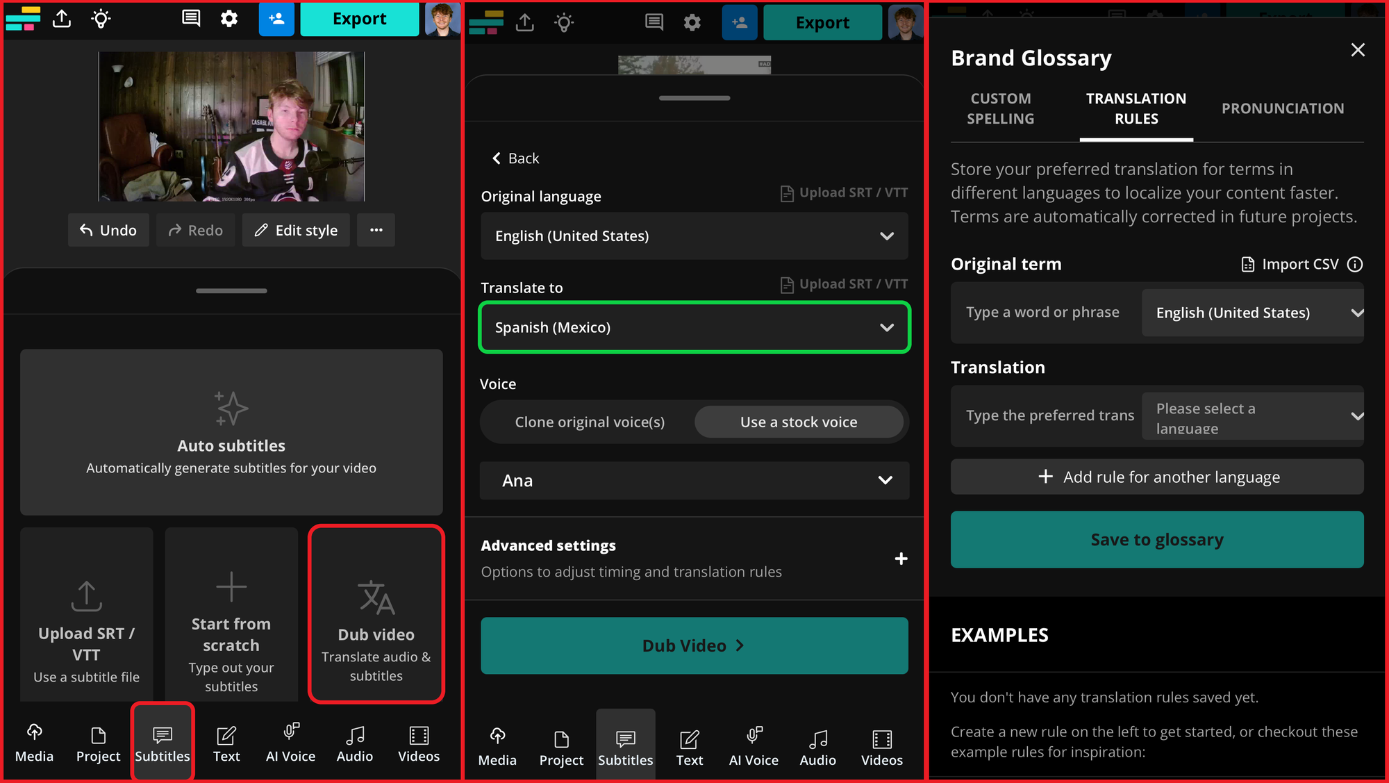 Three side-by-side Kapwing screens showing how to automatically dub videos.